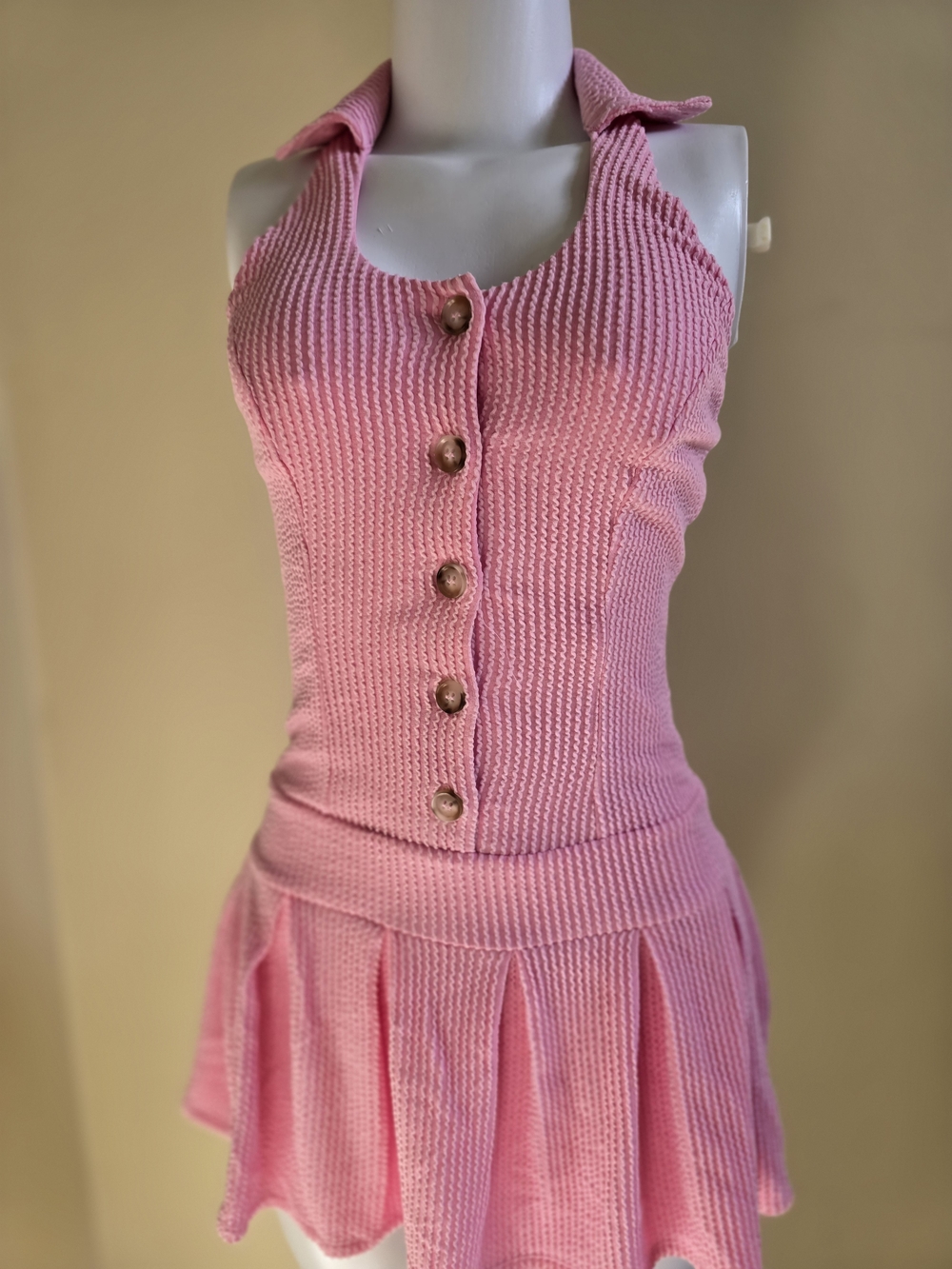 Brand New!Women's Pink Knit Button Halter Mini Dress - Picture 7 of 8